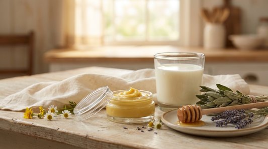 Best colostrum skincare ingredients — golden tallow balm, raw milk and honey on a farm table