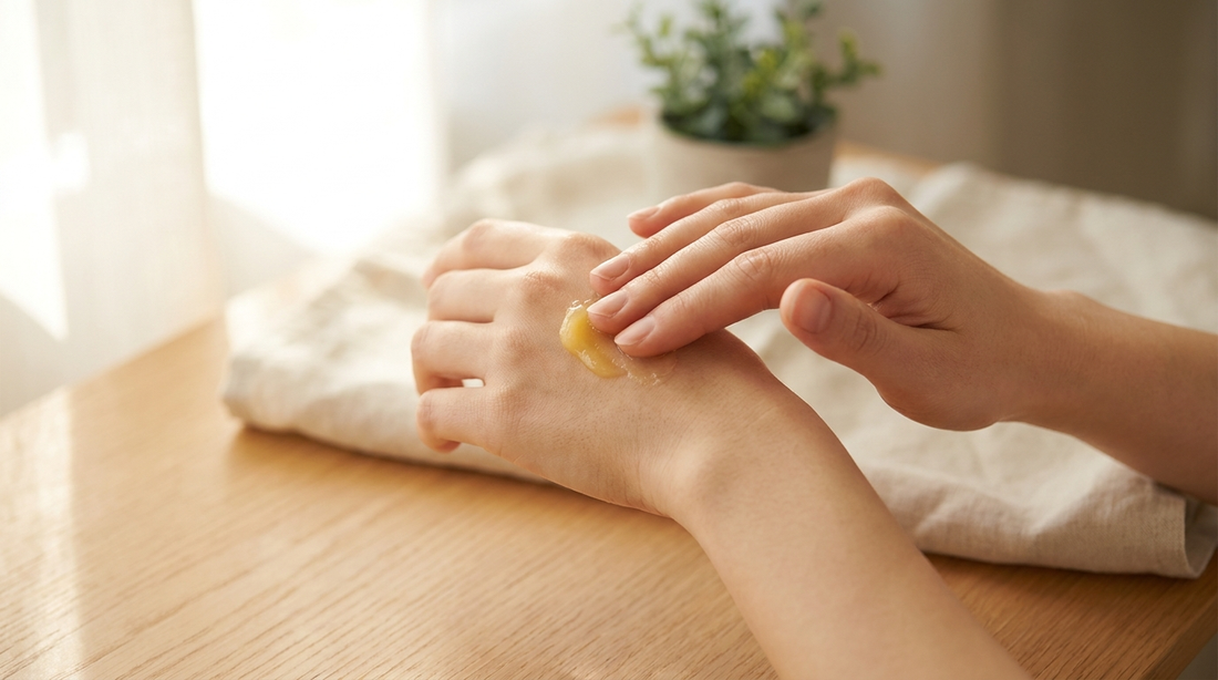 Applying tallow balm to dry hands for soothing relief