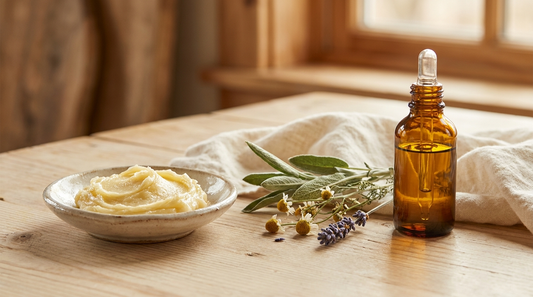 Emu oil vs tallow for skin: a dish of whipped tallow balm beside a bottle of emu oil
