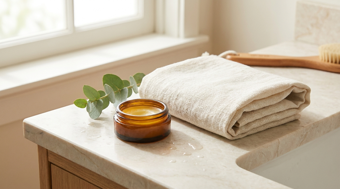 Tallow vs Aquaphor: a natural tallow balm on a clean bathroom counter