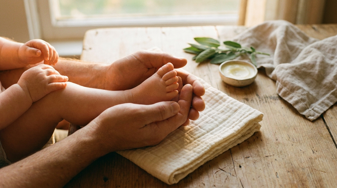 A parent's gentle hands cradling a baby's foot on cream muslin, illustrating a gentle tallow balm for babies