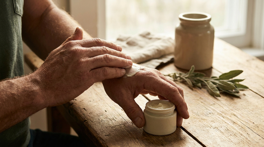 A man rubbing a simple tallow balm for men into the back of his hand on a wooden farm table