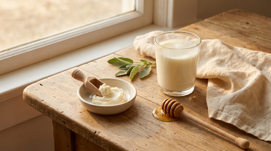 Best tallow balm for mature skin, whipped balm with milk, honey and sage on a rustic wood table