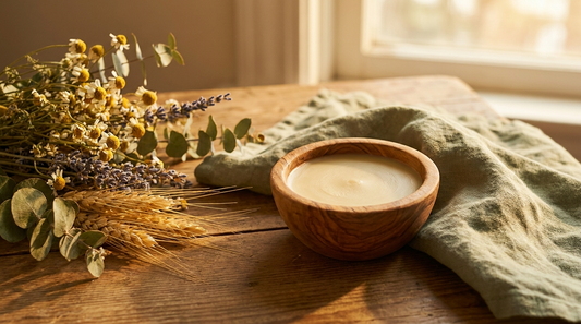 Primally Pure vs Wild Gold Tallow tallow balm comparison, a simple balm beside many botanicals