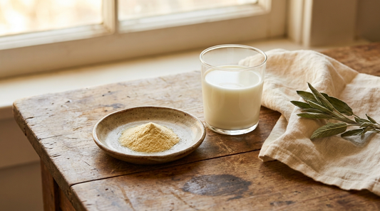 Bovine colostrum for skin: golden first colostrum powder and fresh raw milk on a farmhouse table