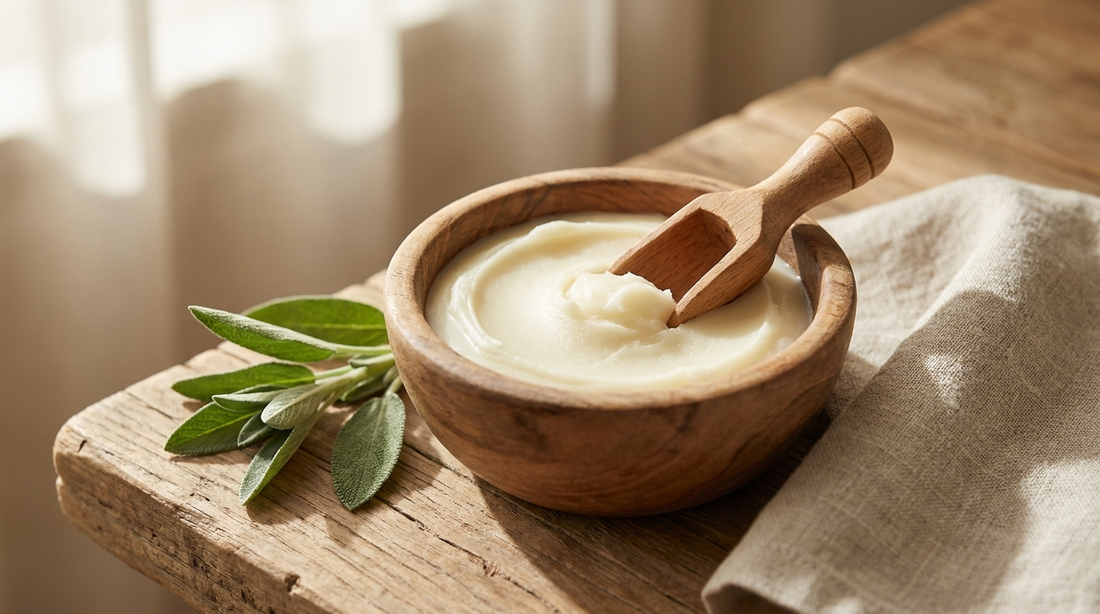 Dense pale ivory tallow balm in a wooden dish with sage, a clean balm that does not clog pores for most skin