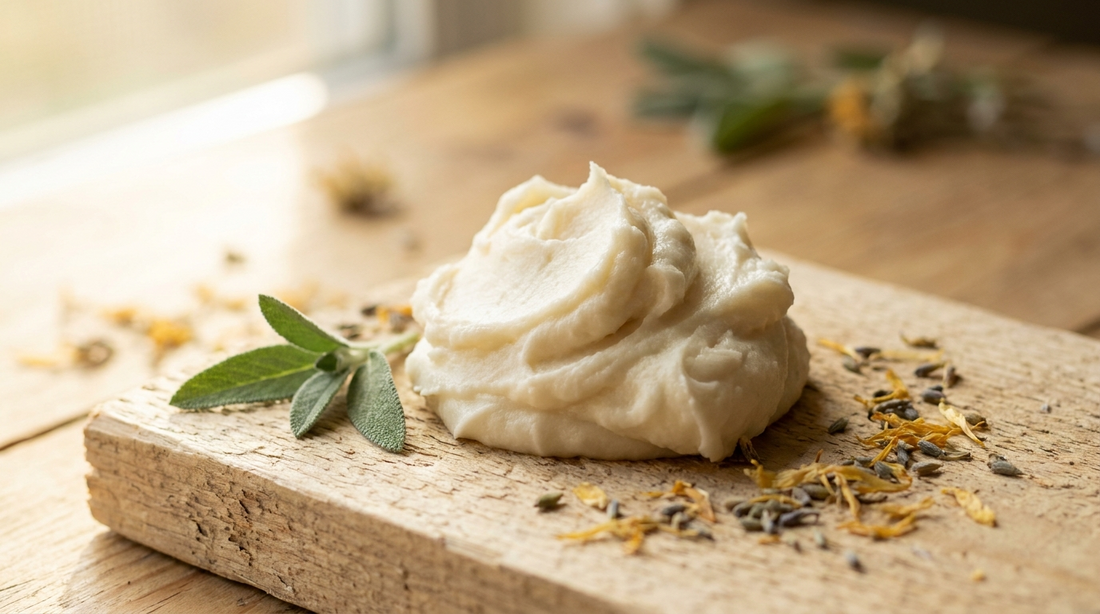 Whipped tallow balm in soft ivory peaks on a natural wood surface beside a sprig of sage