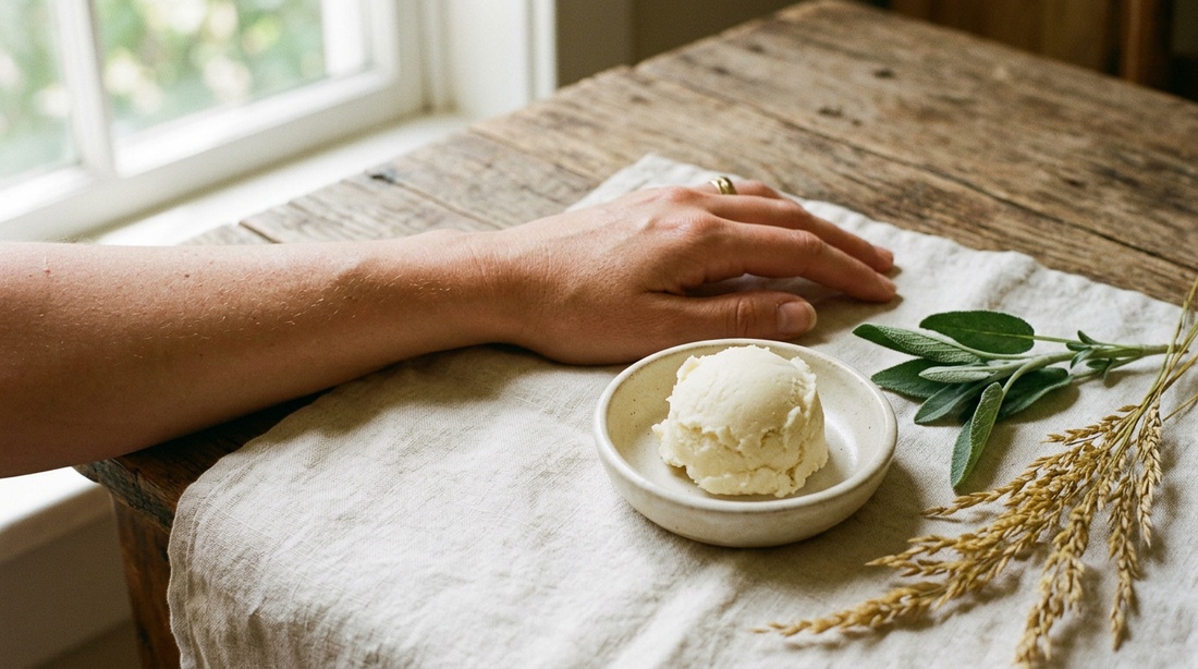 Tallow balm for body use, a matte scoop of pale ivory whipped balm in a dish beside a moisturized forearm