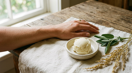 Tallow balm for body use, a matte scoop of pale ivory whipped balm in a dish beside a moisturized forearm