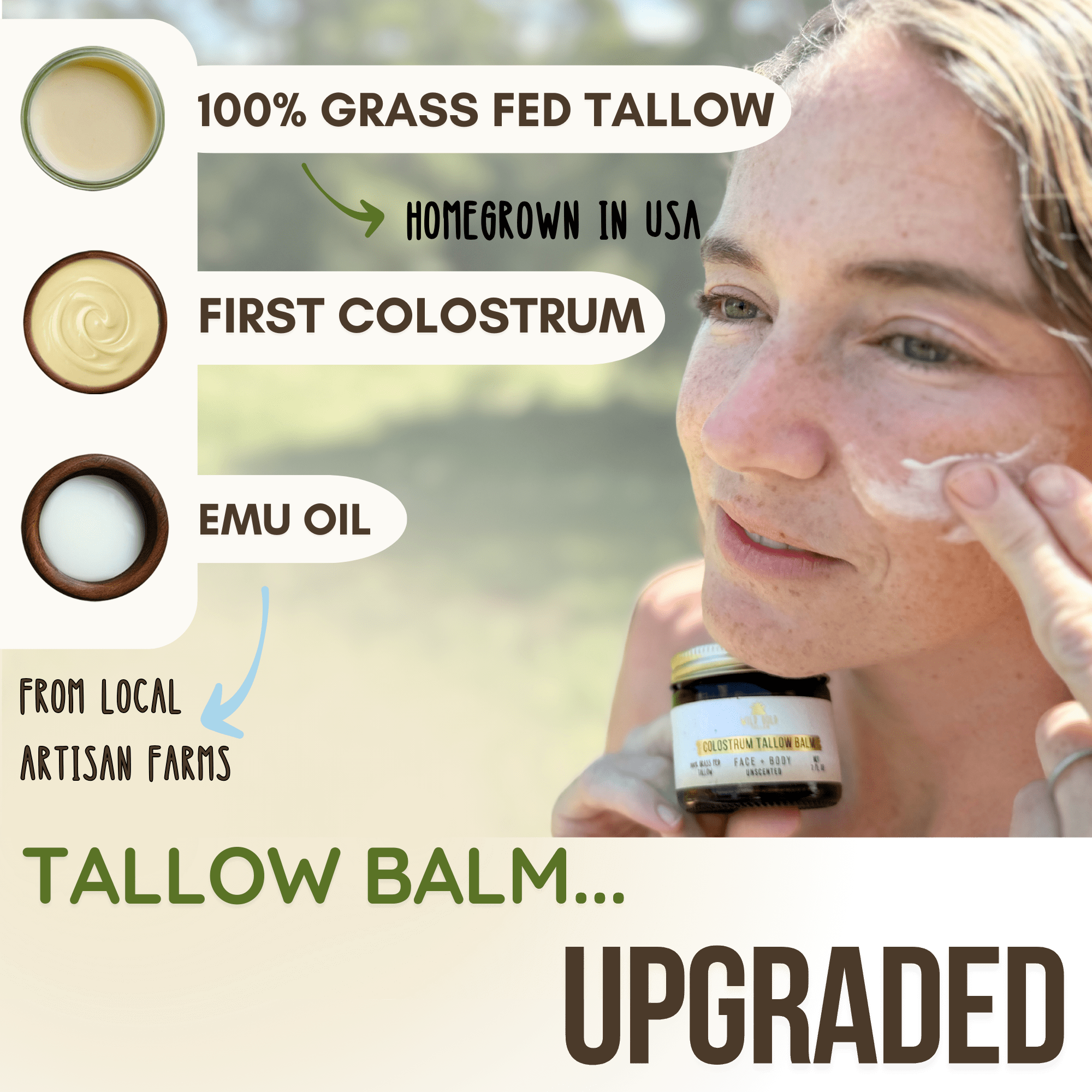 tallow balm upgraded, local emu oil from artisan farms 100 percent grass fed tallow first colostrum 