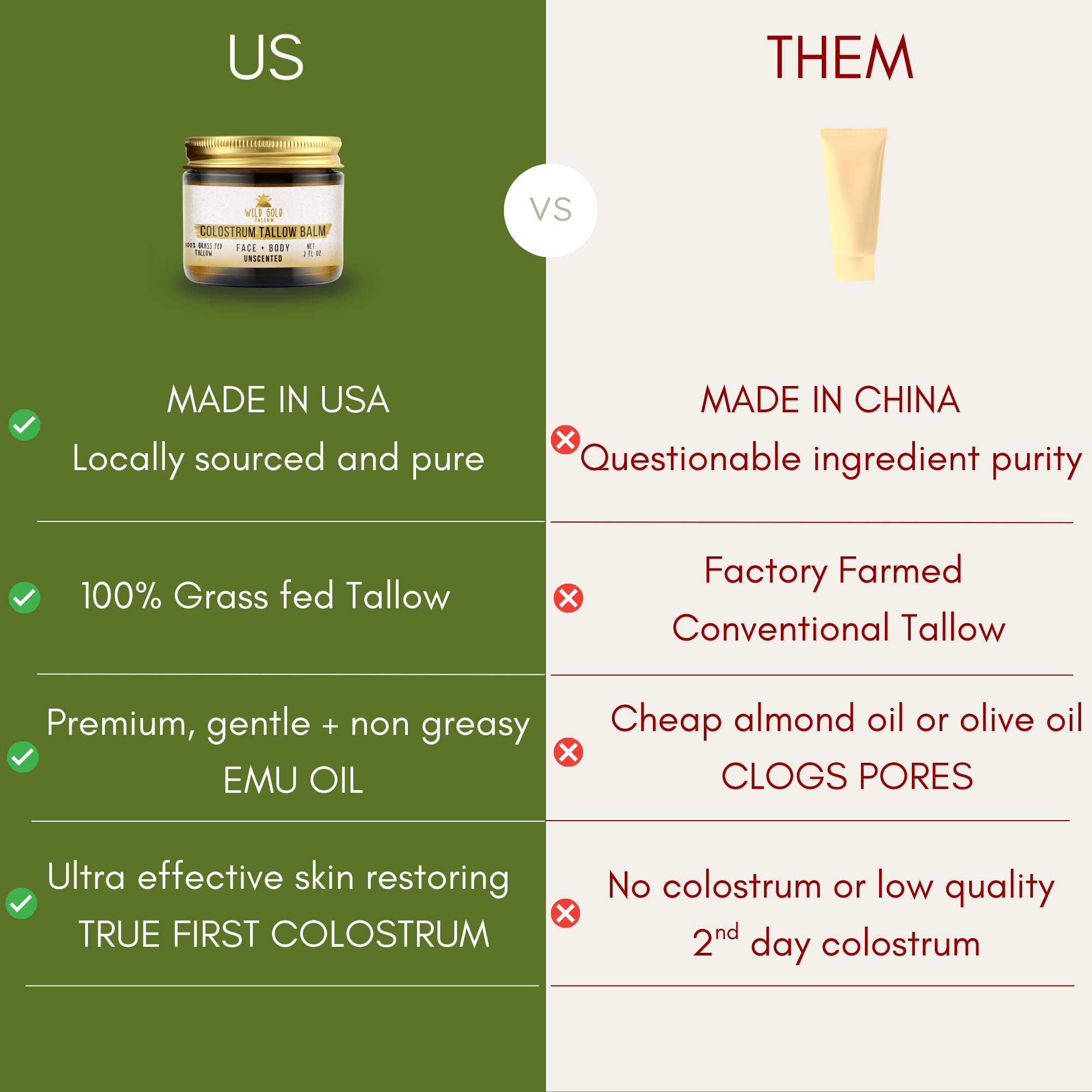 we use 100 percent grassfed tallow, premium local and certified emu oil and true first colostrum compared to our competitors who may use only partially grass fed tallow or factory farmed tallow. low quality almond or olive oil which can clog pores and 2nd day colostrum which is not as nutrient dense.